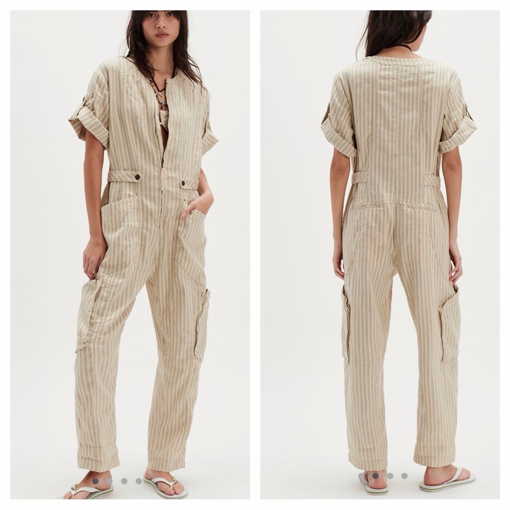Free People Cream and Blue Striped Jumpsuit